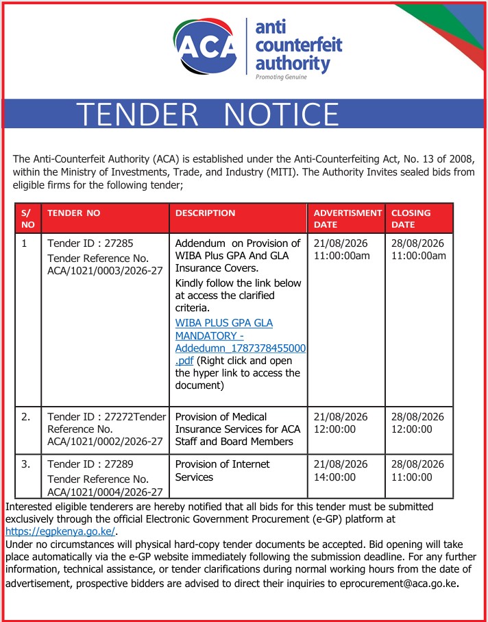 Tender Notice on Provision of Medical Insurance for Staff, Internet Services and addendum for WIBA Plus GPA and GLA insurance Covers